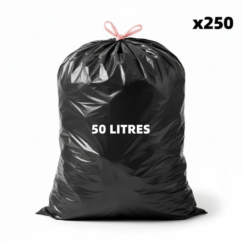 Sac poubelle à lien coulissant - 50L - Noir - 250 sacs - 28µ