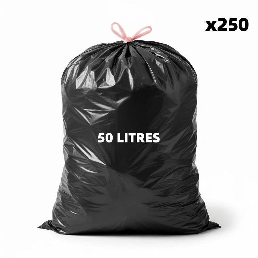 Sac poubelle à lien coulissant - 50L - Noir - 250 sacs - 28µ