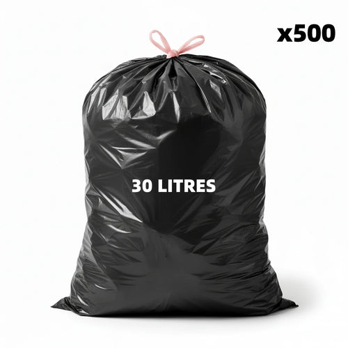 Sac poubelle à lien coulissant - 30L - Noir - 500 sacs - 23µ