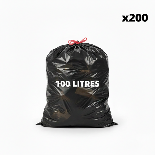 Sac poubelle à lien coulissant - 100L - Noir - 200 sacs - 34µ
