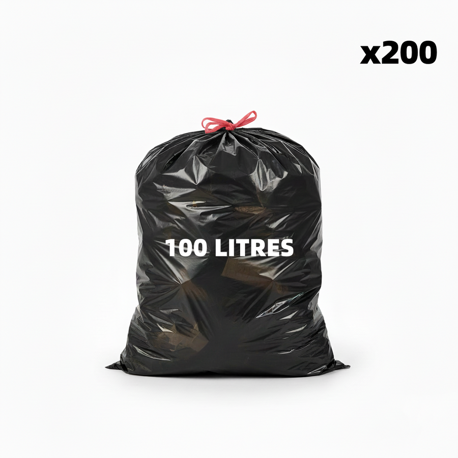 Sac poubelle à lien coulissant - 100L - Noir - 200 sacs - 34µ